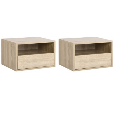 Set of 2 wall-mounted bedside tables - set of 2 bedside tables - sliding drawer, niche, tray - light oak look particleboard