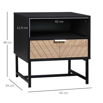 Table de chevet table de nuit style industriel tiroir niche piètement métal panneaux particules aspect bois de chêne sculpté à chevrons noir 3
