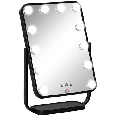Espejo de maquillaje iluminado Hollywood pantalla táctil LED - 3 modos de iluminación, basculante, adaptador - cristal de metal negro