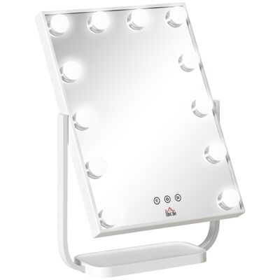 Espejo de maquillaje iluminado Hollywood con pantalla táctil LED - 3 modos de iluminación, basculante, adaptador - cristal de metal blanco