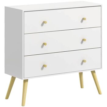 Commode 3 tiroirs design scandinave piètement effilé incliné bois pin panneaux blanc 1