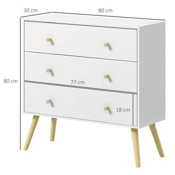 Commode 3 tiroirs design scandinave piètement effilé incliné bois pin panneaux blanc 3