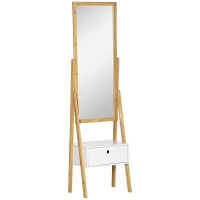 Miroir sur pied avec rangement tiroir en bambou et MDF - dim. 45L x 30l x 160H cm - blanc et naturel