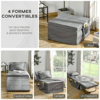 Fauteuil relax canapé pouf lit d'appoint 4 en 1 dossier inclinable 5 niveaux repose-pied rabattable châssis acier noir polyester gris 5