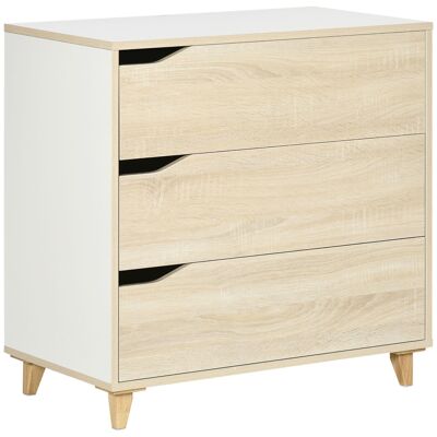 Scandinavian design chest of drawers 3 drawers tapered base white MDF panels light wood look