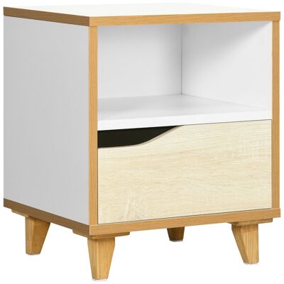 Chevet table de nuit design scandinave - tiroir, niche - MDF panneaux blanc aspect bois clair