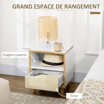 Chevet table de nuit design scandinave - tiroir, niche - MDF panneaux blanc aspect bois clair 5