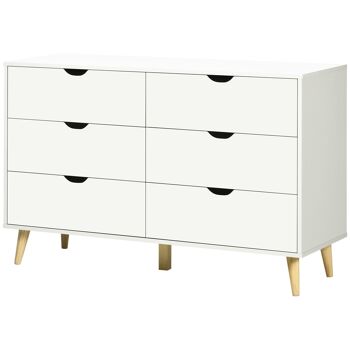 Commode 6 tiroirs design scandinave piètement effilé incliné bois pin panneaux blanc 1