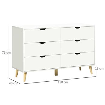 Commode 6 tiroirs design scandinave piètement effilé incliné bois pin panneaux blanc 3