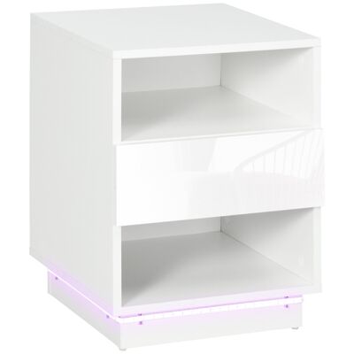 Bedside table LED bedside table - drawer, niches, tray - 40 x 40 x 55 cm - glossy white lacquered