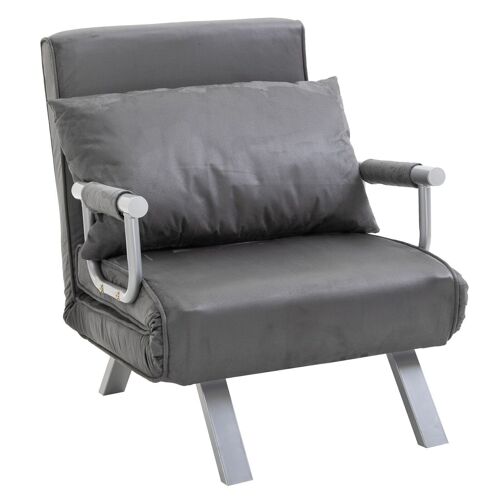Fauteuil chauffeuse canapé-lit convertible 1 place déhoussable grand confort coussin pieds accoudoirs métal suède gris