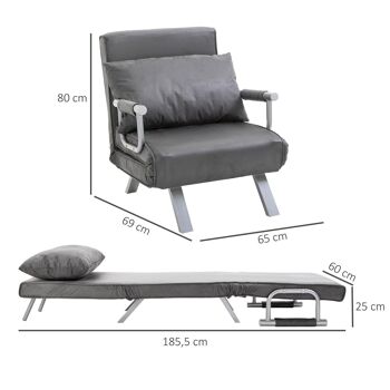 Fauteuil chauffeuse canapé-lit convertible 1 place déhoussable grand confort coussin pieds accoudoirs métal suède gris 3