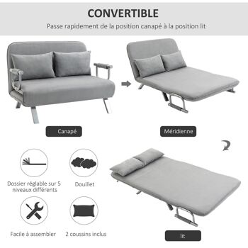 Canapé-lit canapé convertible 2 places déhoussable grand confort 2 coussins fournis pieds accoudoirs métal suède gris clair 2