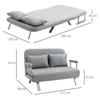 Canapé-lit canapé convertible 2 places déhoussable grand confort 2 coussins fournis pieds accoudoirs métal suède gris clair 3