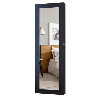 Joyero de pared de diseño contemporáneo con múltiples espacios y espejo 37L x 10W x 112H cm negro