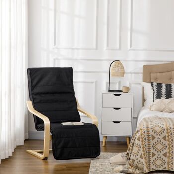 Fauteuil style nordique - repose-pied réglable - déhoussable - bois de bouleau tissu noir 2