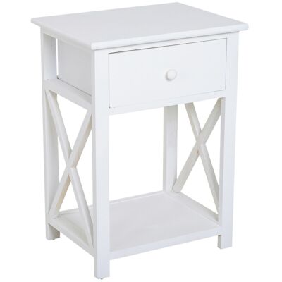 Cozy style bedside table with side cross drawers and wood and white MDF shelf