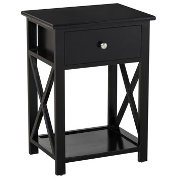 Table de chevet table de nuit style cosy avec croix latérales tiroir et étagère bois et MDF noir 1
