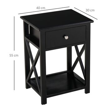 Table de chevet table de nuit style cosy avec croix latérales tiroir et étagère bois et MDF noir 3