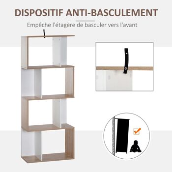 Bibliothèque étagère meuble de rangement design contemporain en S 4 étagères 60L x 24l x 148H cm chêne blanc 5