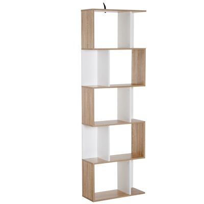 Librería estantería de diseño contemporáneo unidad de almacenamiento en S 5 estantes 60L x 24W x 185H cm color roble blanco