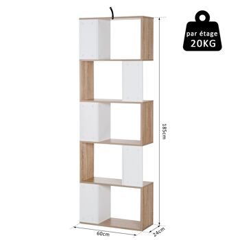 Bibliothèque étagère meuble de rangement design contemporain en S 5 étagères 60L x 24l x 185H cm coloris chêne blanc 3