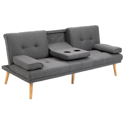 Sofá cama 3 plazas diseño escandinavo reclinable respaldo regulable 3 niveles respaldo central abatible 2 portavasos madera maciza lino