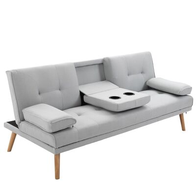 Sofá cama 3 plazas diseño escandinavo respaldo regulable inclinación 3 niveles respaldo central abatible 2 portavasos madera maciza lino gris claro