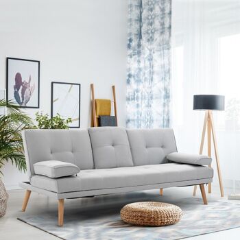 Canapé convertible 3 places design scandinave inclinaison dossier réglable 3 niveaux dossier central rabattable 2 porte-verres bois massif lin gris clair 2