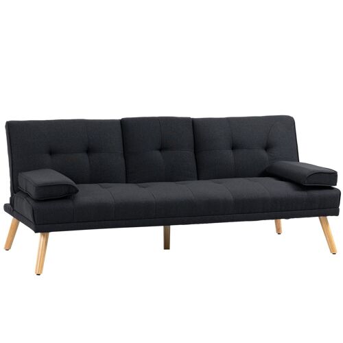 Canapé convertible 3 places design scandinave inclinaison dossier réglable 3 niveaux dossier centrale rabattable 2 porte-verres bois peuplier polyester anthracite