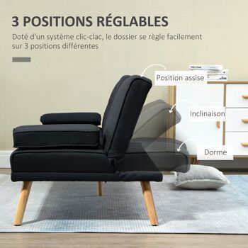 Canapé convertible 3 places design scandinave inclinaison dossier réglable 3 niveaux dossier centrale rabattable 2 porte-verres bois peuplier polyester anthracite 5