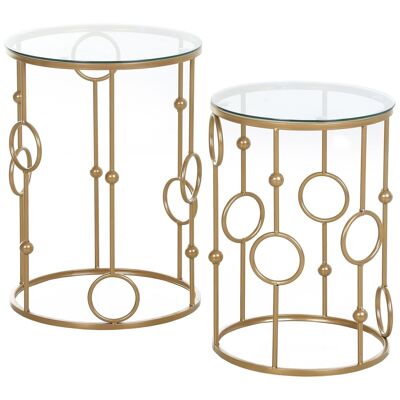 Nesting tables set of 2 art deco style design round coffee tables Ø 41 and Ø 36 cm gold metal 5 mm tempered glass