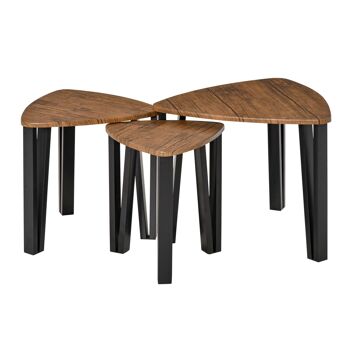 Ensemble de 3 tables basses gigognes encastrables style industriel piètements métal noir en épingle plateaux aspect bois de noyer 1