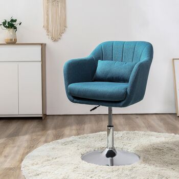 Fauteuil lounge design grand confort coussins lombaires hauteur réglable pivotant 360° piètement métal chromé lin bleu canard 2