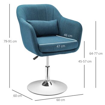 Fauteuil lounge design grand confort coussins lombaires hauteur réglable pivotant 360° piètement métal chromé lin bleu canard 3