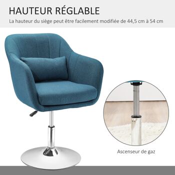 Fauteuil lounge design grand confort coussins lombaires hauteur réglable pivotant 360° piètement métal chromé lin bleu canard 4