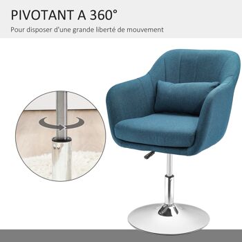 Fauteuil lounge design grand confort coussins lombaires hauteur réglable pivotant 360° piètement métal chromé lin bleu canard 5