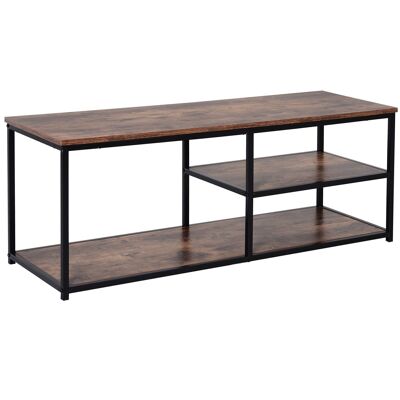 Industrial design TV cabinet dim. 120L x 40W x 45H cm large tray 2 shelves wood-coloured particleboard panels black metal