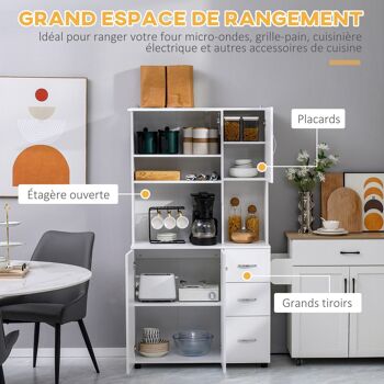 Armoire de cuisine multi-rangement 4 portes 3 tiroirs étagère + grand plateau 89L x 39l x 168H cm MDF blanc 4