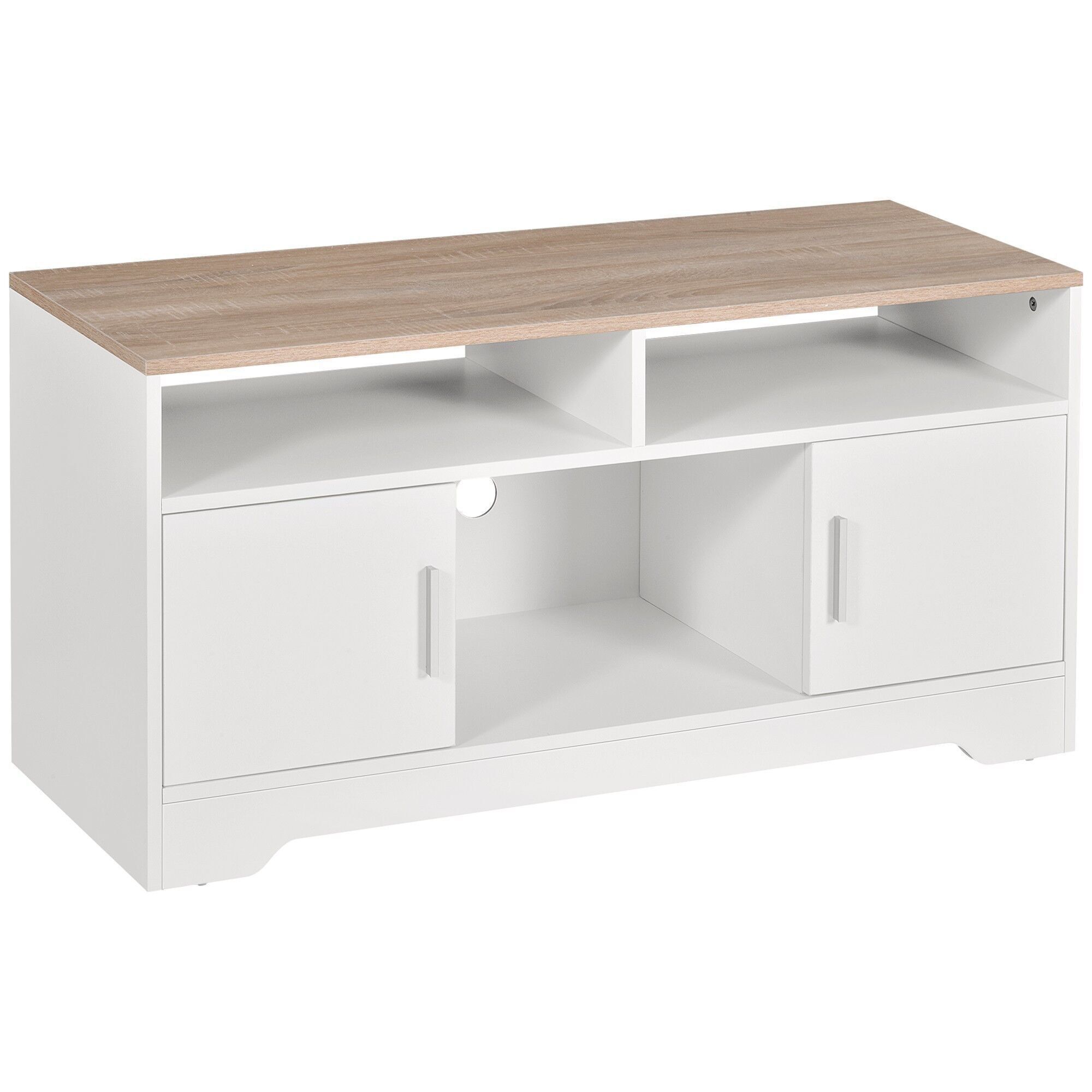 Mueble de TV Mueble de TV de madera Gran espacio de almacenamiento con 2 compartimentos abiertos Armarios de 2 puertas Un armario abierto 105 x 40 x 52 cm Blanco