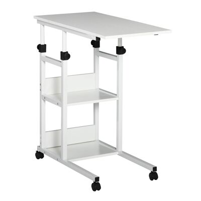 Nachttisch/Sessel – Rolltisch – höhenverstellbar – 2 integrierte Regale – E1-Spanplatte mit weißer Metall-Holzoptik