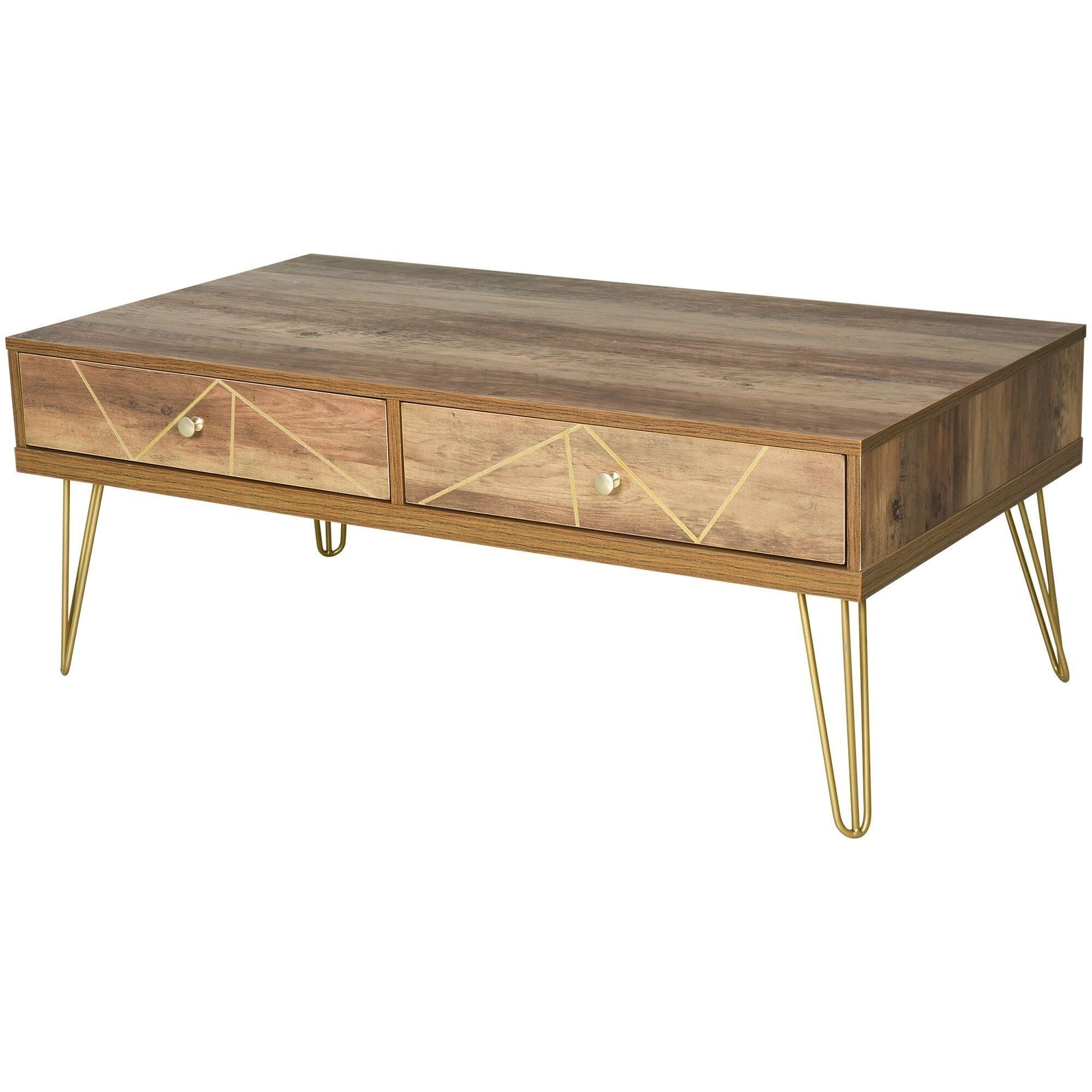 Tavolino da Salotto in Legno Tavolo da Salotto Grande Vassoio e 2 Cassetti Design di Lusso Decorazione Elegante con Linee Dorate Dipinte a Mano 110L x 59L x 42A cm Marrone