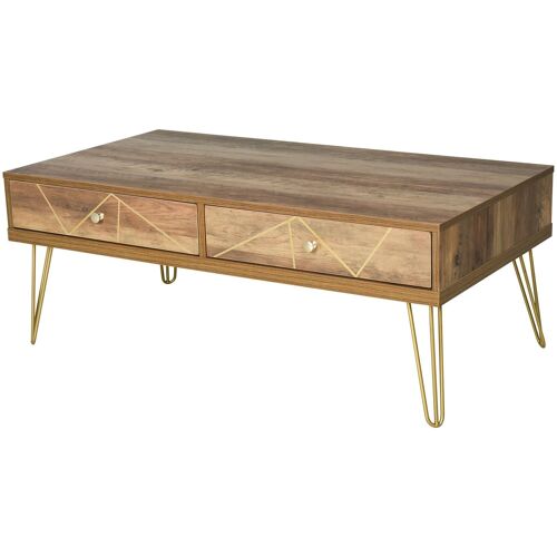 Table Basse en Bois Table de Salon Grand Plateau et 2 Tiroirs Design de Luxe Élégant Décoration avec Lignes Dorées Peintes à La Main 110L x 59l x 42H cm Brun