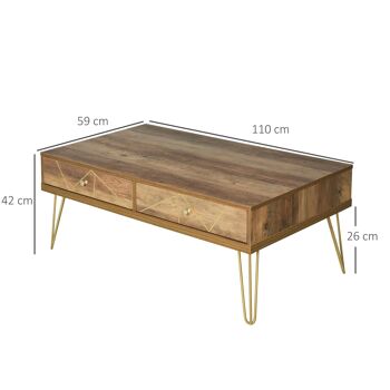 Table Basse en Bois Table de Salon Grand Plateau et 2 Tiroirs Design de Luxe Élégant Décoration avec Lignes Dorées Peintes à La Main 110L x 59l x 42H cm Brun 3