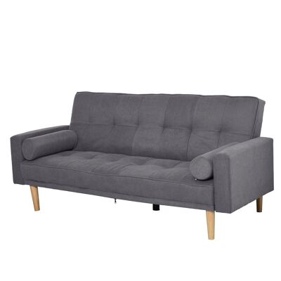 Canapé convertible 3 places design scandinave dossier inclinable 3 positions pieds bois tissu lin gris