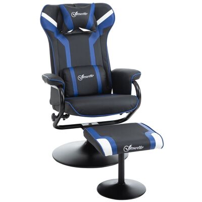 Swivel reclining gaming chair with footrest - lumbar cushions, headrest included - blue black synthetic upholstery