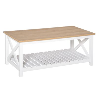 Rectangular coffee table dim. 116L x 60W x 48H cm slatted shelf imitation light oak top white MDF