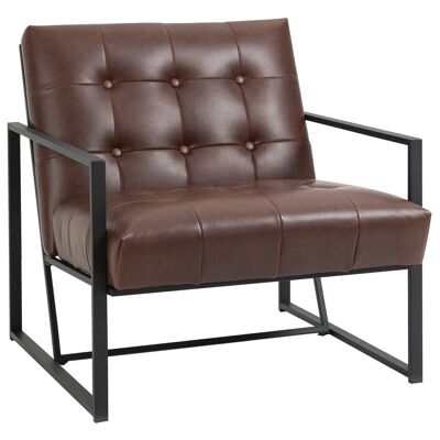 Chesterfield lounge armchair padded backrest black metal structure chocolate synthetic covering