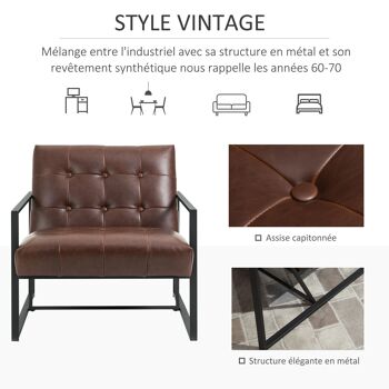 Fauteuil lounge Chesterfield assise dossier capitonnés structure métal noir revêtement synthétique chocolat 4