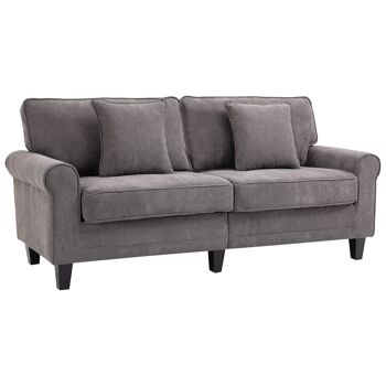 Canapé 3 places dim. 197L x 84P x 90H cm coussin déco. inclus pieds bois massif pin tissu aspect velours côtelé gris 1